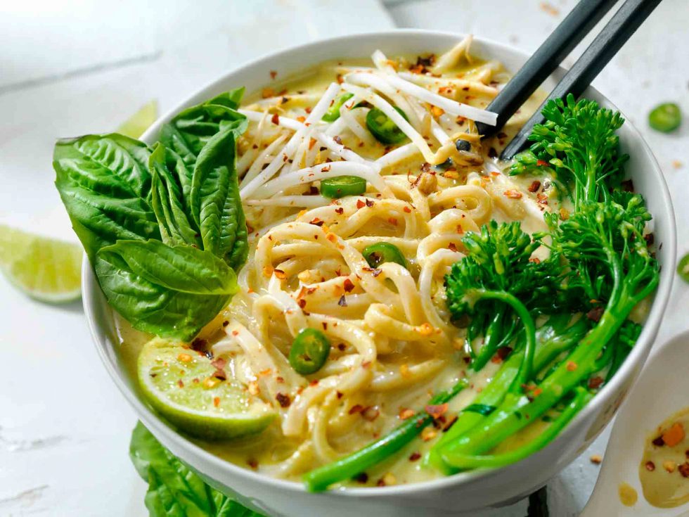 Calgary Food Photography. Asian noodle bowl with basil, lime, jalapeno, and broccolini.