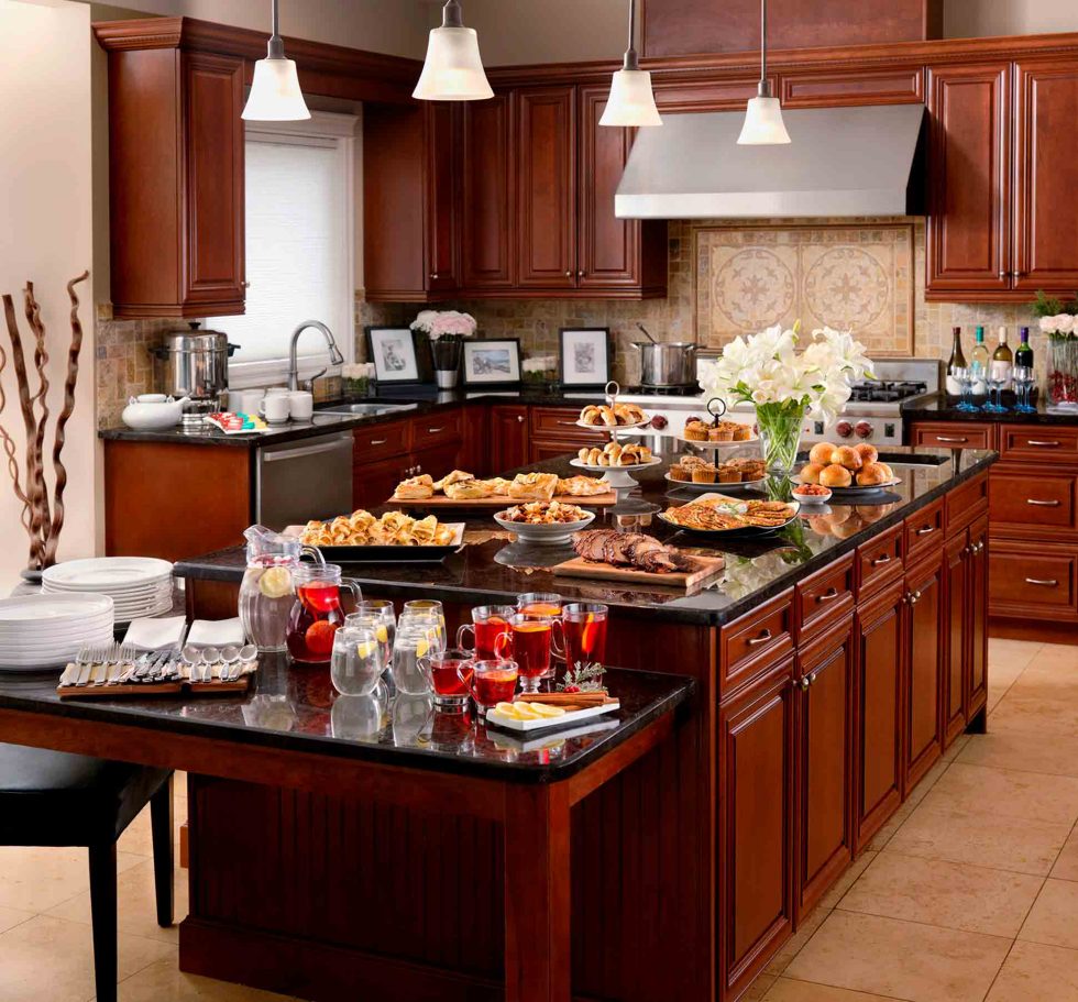 Calgary Food Photography. Assortment of part foods and beverage in elegant kitchen.