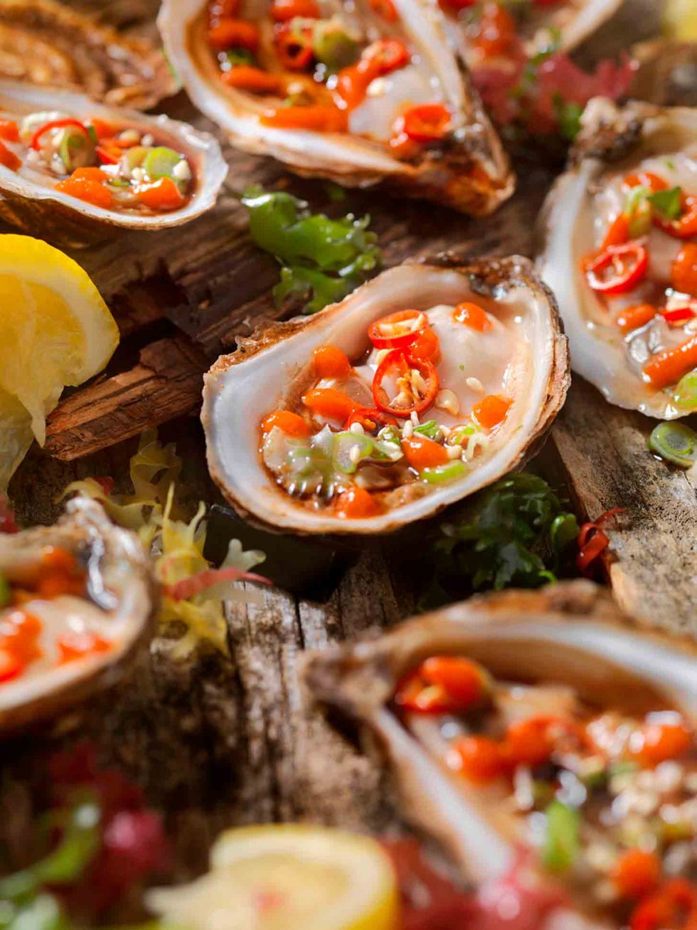 Calgary Food Photography. Close up of heavenly garnished oysters.